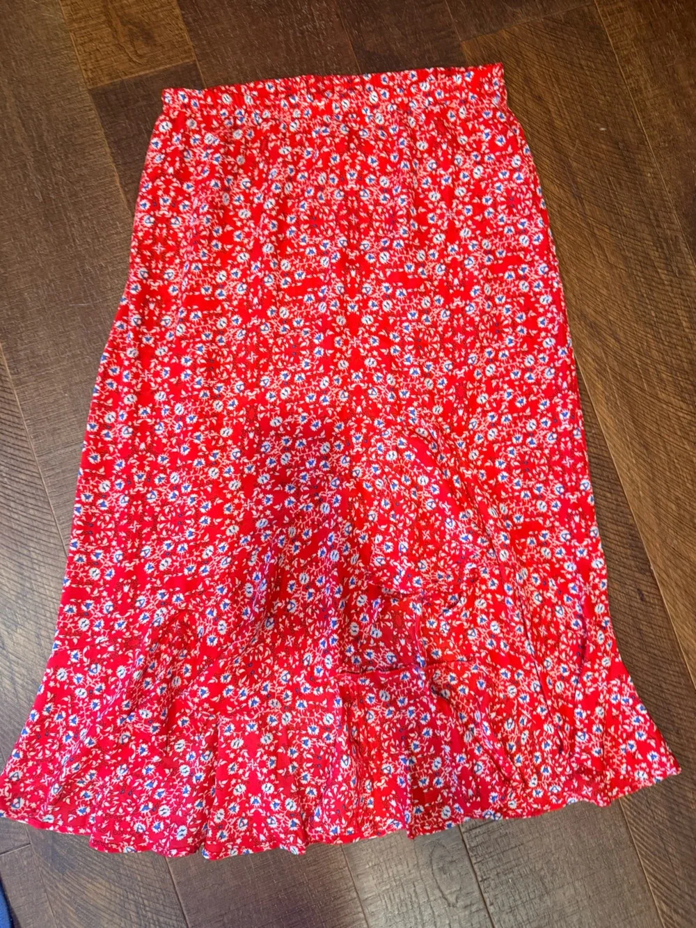Max Studio Red Floral ruffle Skirt with Blue Accents - Picture 3 of 3